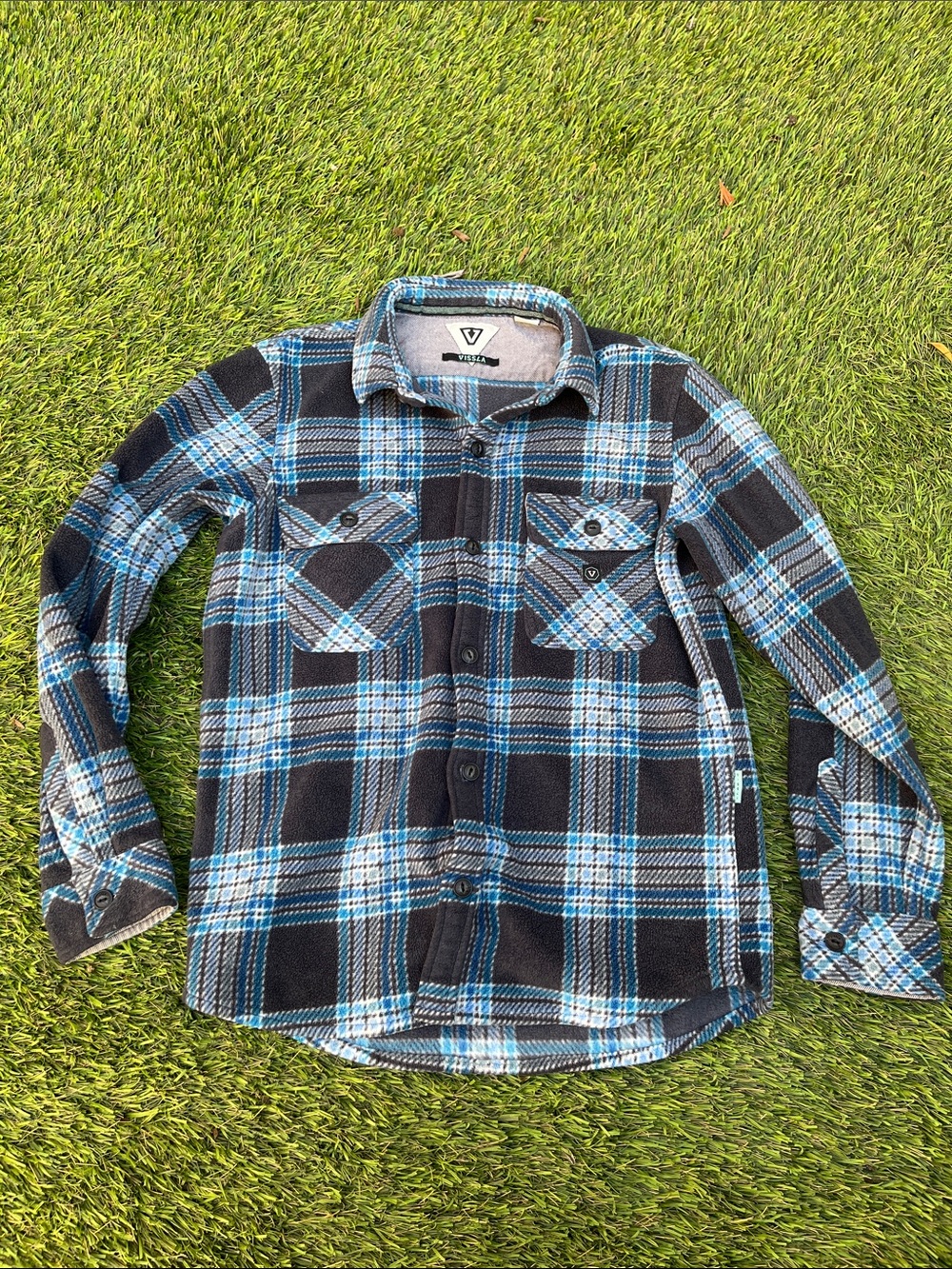 VISSLA Black & Light Blue Plaid Boy’s Button-Down Shirt
